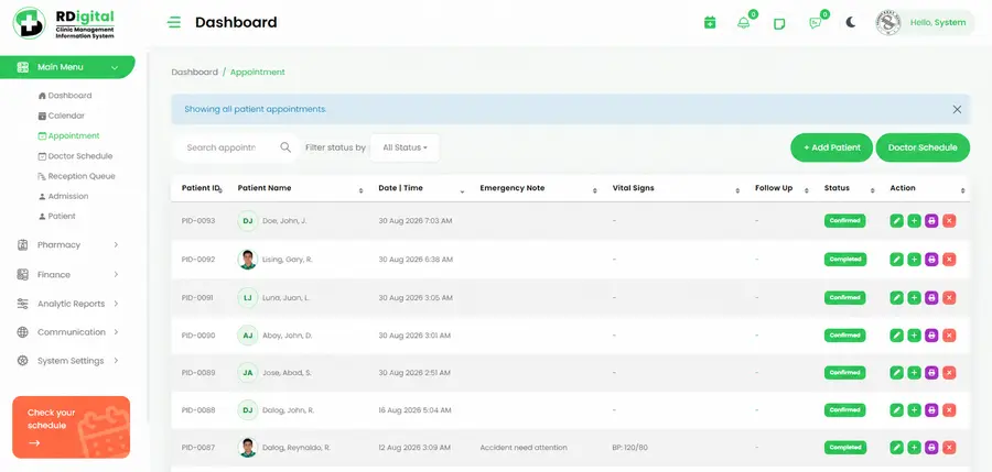 RDigital appointment and patient management dashboard